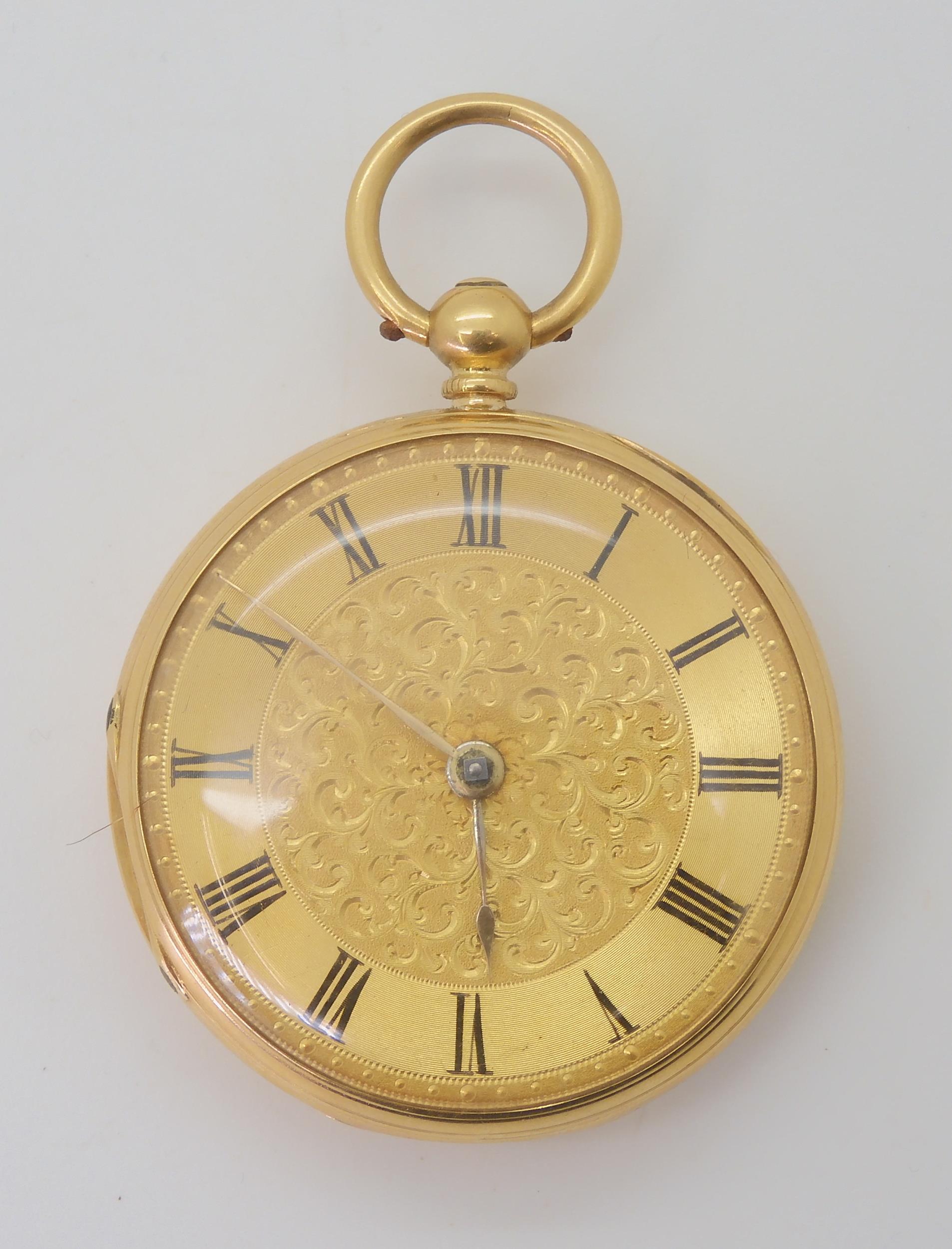 AN OPEN FACE FOB WATCH the machine engraved case is 18ct gold, with London Hallmarks for 1865,
