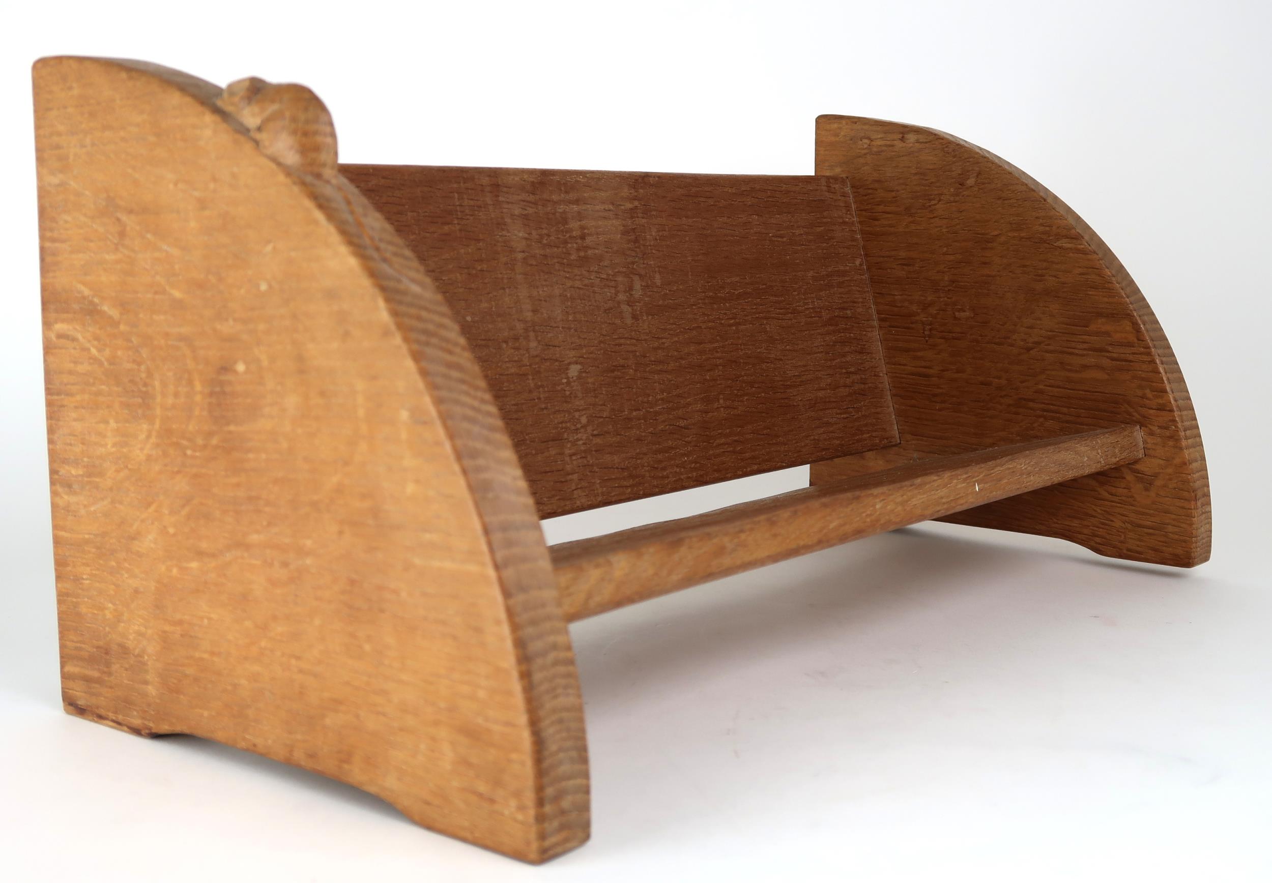 A ROBERT "MOUSEMAN" THOMPSON OAK BOOK TROUGH  with curved adzed end supports carved with signature - Image 4 of 7