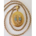 A FORGET-ME-NOT LOCKET the bright yellow metal locket is set with pearl and turquoise forget-me-