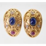 A PAIR OF 18CT GOLD GEM SET EARRINGS set with cabochon, sapphires and rubies with diamonds set among