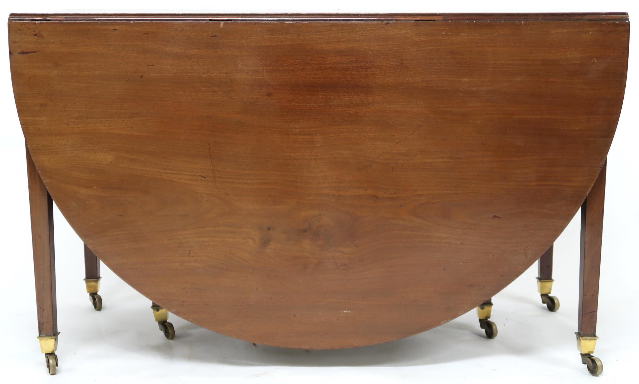A VICTORIAN MAHOGANY DROPLEAF TABLE  with oval drop leaf top on square tapering supports terminating - Image 2 of 10