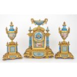 A SEVRES STYLE CLOCK GARNITURE the clock with turquoise porcelain dial and panels, one painted