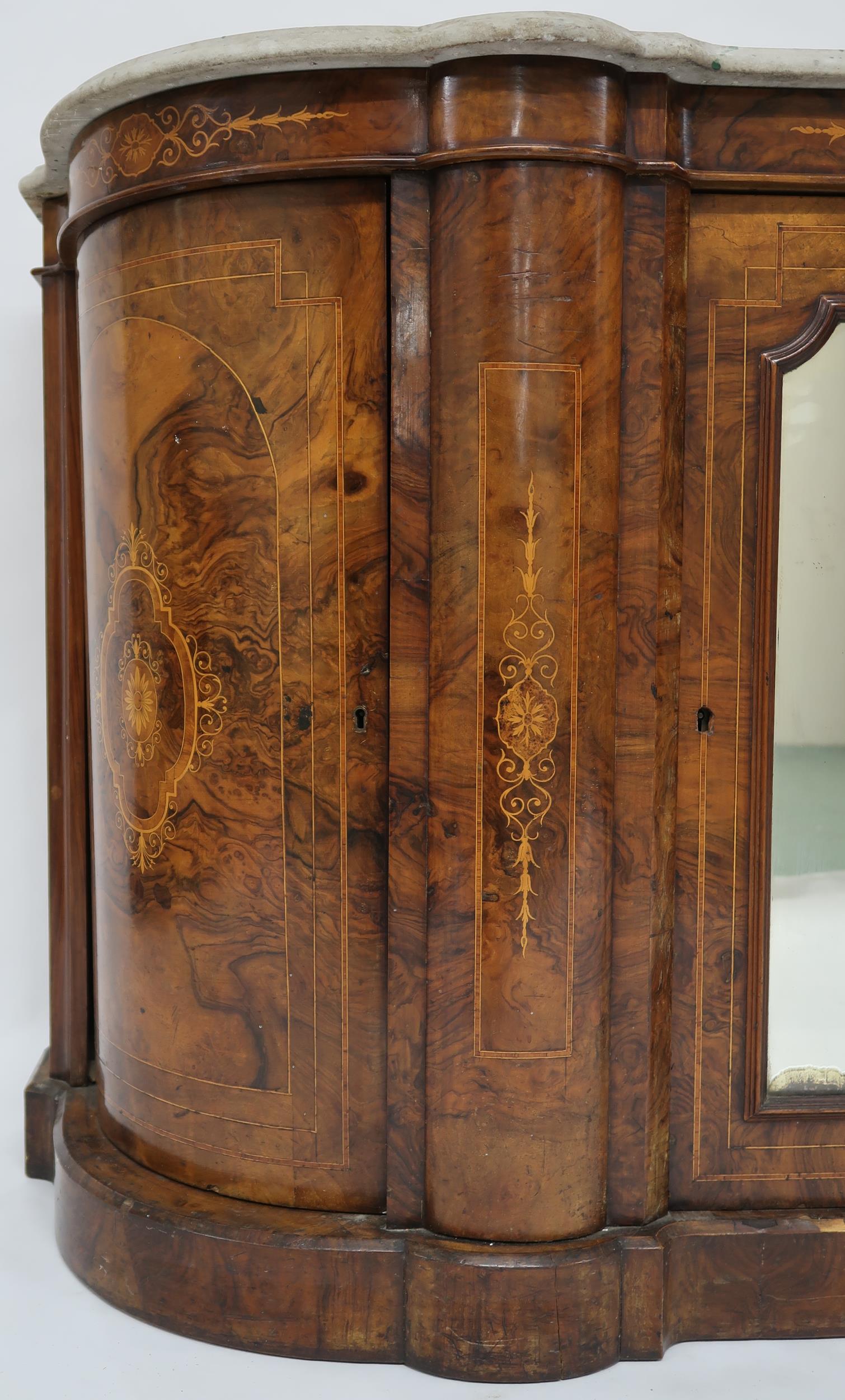 A VICTORIAN BURR WALNUT AND SATINWOOD INLAID CREDENZA  with shaped marble top over central - Image 2 of 13