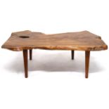 A MID-20TH CENTURY REYNOLD'S OF LUDLOW LIVE EDGE YEW WOOD COFFEE TABLE on shaped tapering
