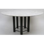 A 20TH CENTURY ITALIAN CARRARA GIOIA MARBLE CIRCULAR TOPPED CENTRE TABLE  on patinated steel base,
