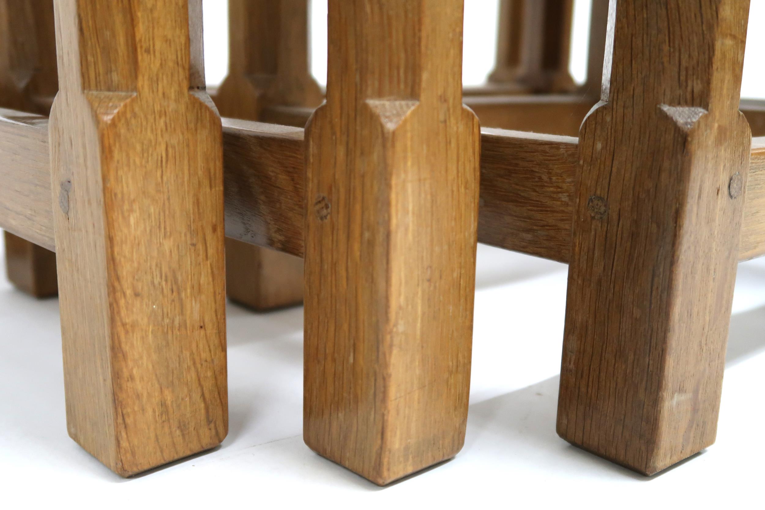 A PETER "RABBITMAN" HEAP OAK NEST OF THREE TABLES  with adzed rectangular tops on stretchered - Image 3 of 8