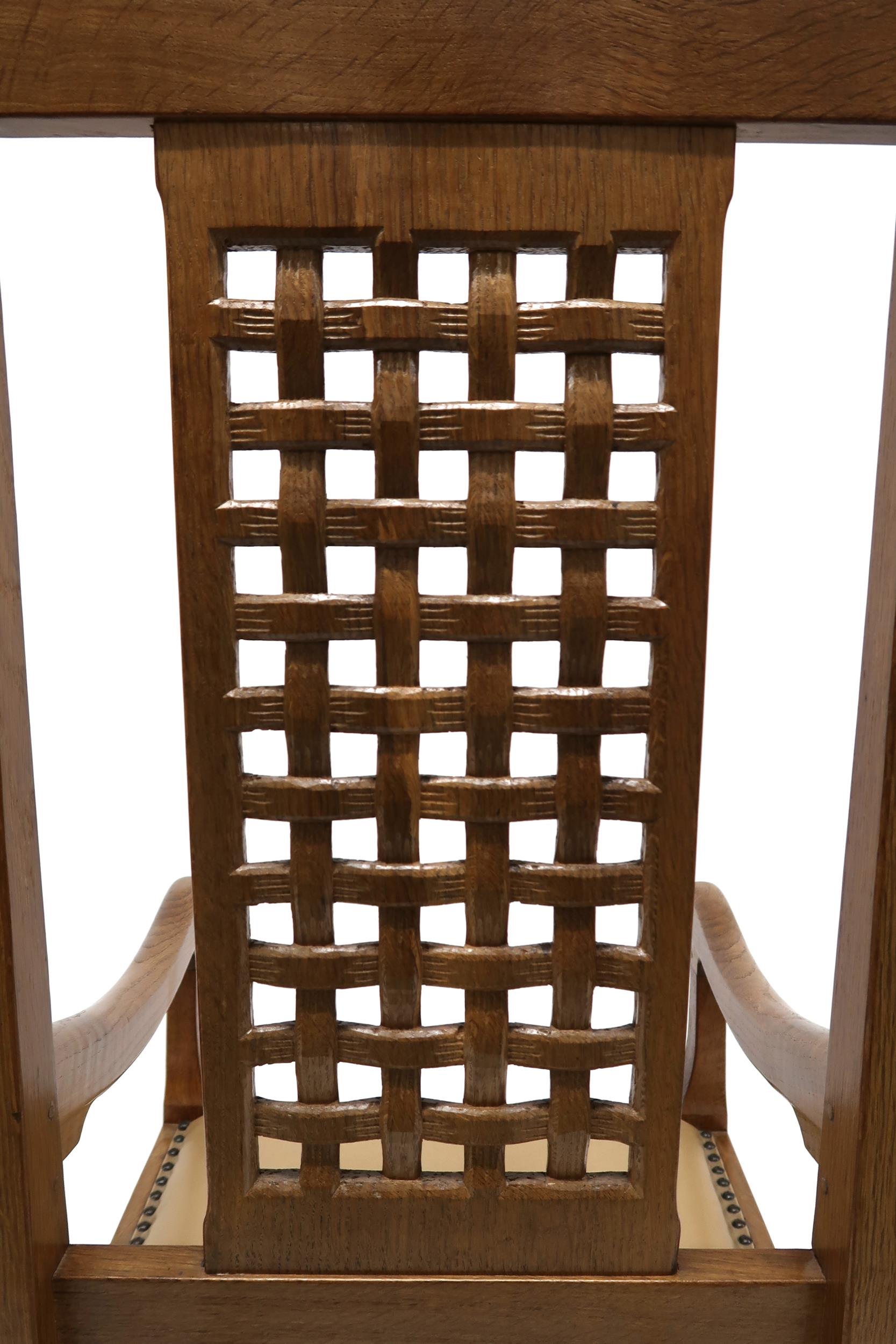 A PETER "RABBITMAN" HEAP OAK LATTICE BACK ROCKING CHAIR with carved lattice splat over beige leather - Image 7 of 11