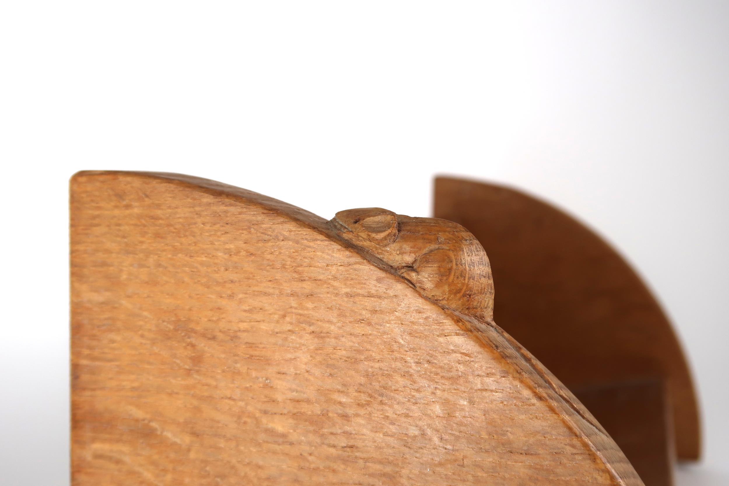 A ROBERT "MOUSEMAN" THOMPSON OAK BOOK TROUGH  with curved adzed end supports carved with signature - Image 5 of 7