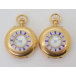 TWO SIMILAR 18K FOB WATCHES both with half hunter cases with pink opalescent enamel chapter rings