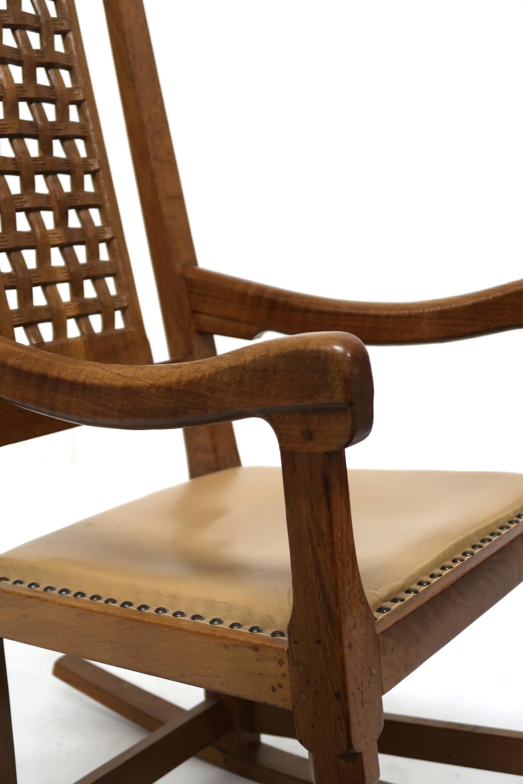 A PETER "RABBITMAN" HEAP OAK LATTICE BACK ROCKING CHAIR with carved lattice splat over beige leather - Image 3 of 11