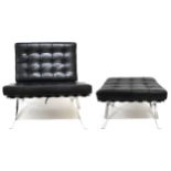 A 20TH CENTURY AFTER LUDWIG MIES VAN DER ROHE "BARCELONA" CHAIR AND STOOL both with black leather