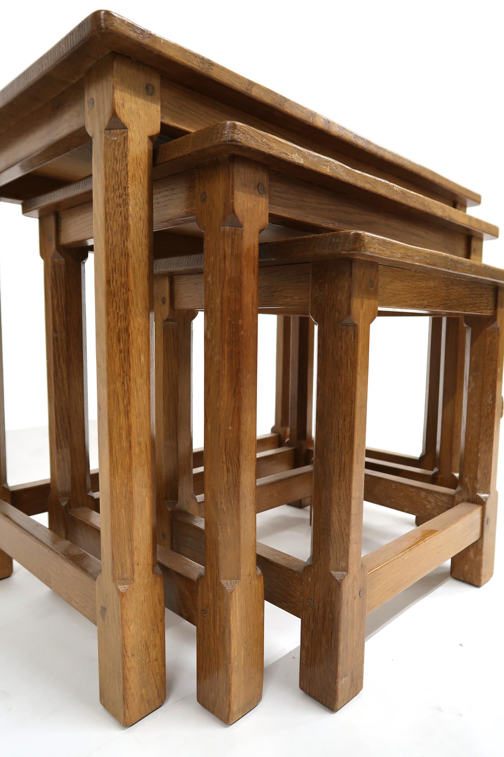 A PETER "RABBITMAN" HEAP OAK NEST OF THREE TABLES  with adzed rectangular tops on stretchered - Image 4 of 8