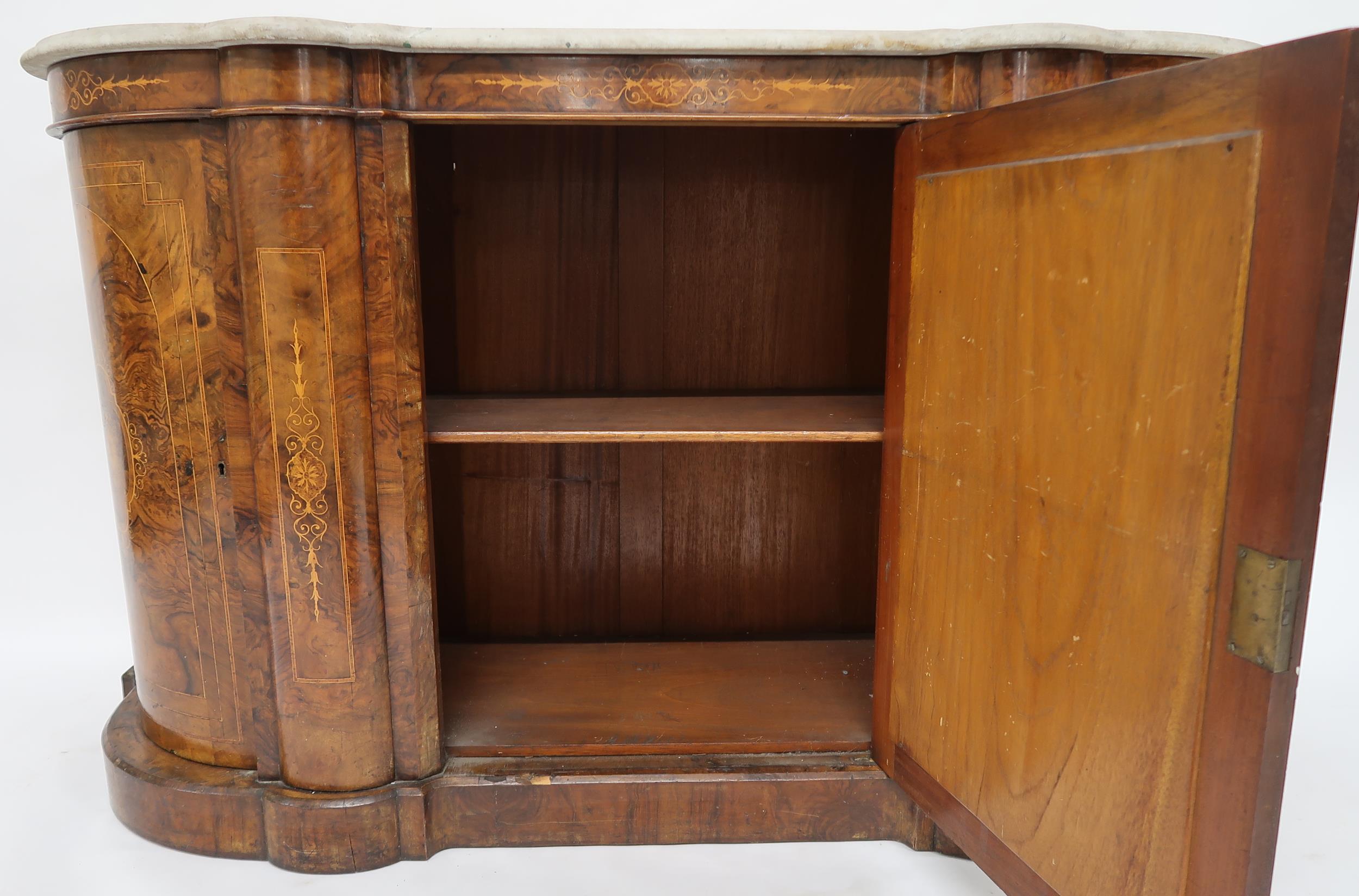 A VICTORIAN BURR WALNUT AND SATINWOOD INLAID CREDENZA  with shaped marble top over central - Image 7 of 13