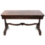 A 19TH CENTURY ROSEWOOD SOFA TABLE rectangular top with rounded corners over veneered frieze on