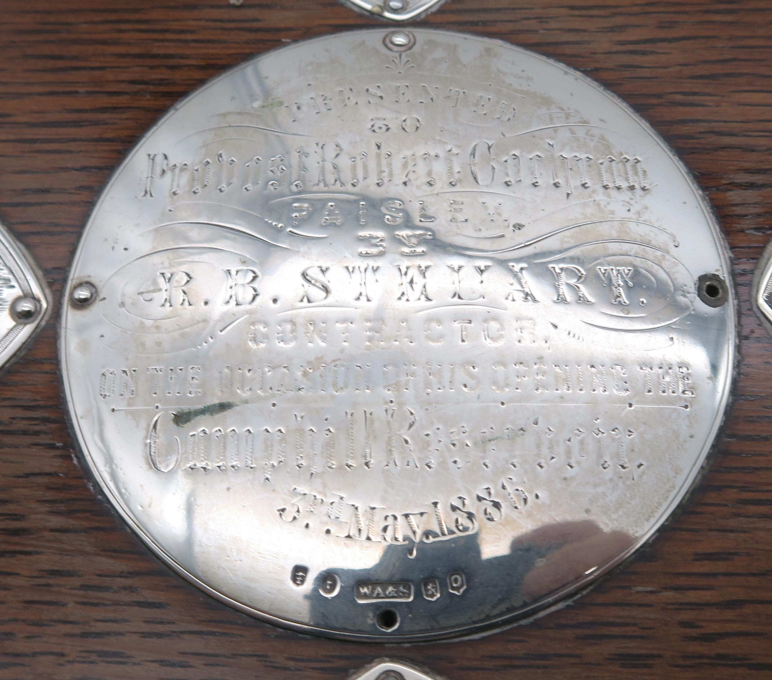 A silver mounted wooden salver, Glasgow 1885, the central roundel engraved 'Presented to Provost - Image 2 of 5