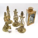 Four polished brass ship's gimble wall/table lamps, two with handwritten labels attached stating