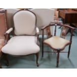 A lot comprising cream upholstered open armchair and a mahogany framed inlaid corner chair (2)