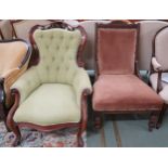 A lot comprising Victorian walnut framed button upholstered parlour armchair on scrolled cabriole