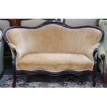 A Victorian mahogany framed parlour settee with beige velvet upholstery on cabriole supports, 88cm