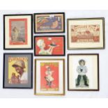 A collection of framed advertising prints, including "The Lady" Brand Boots & Shoes, Buffalo Bill'