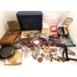 Compacts, a gold plated Elgin pocket watch, a large collection of vintage costume jewellery, boxes