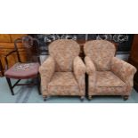 A lot comprising a pair of early 20th century humpback armchairs with floral upholstery and a 19th