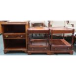 A lot comprising a pair of 20th century two tier lamp tables with single drawered bracket bases,