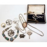 A silver opal doublet filigree bracelet, a fancy link silver chain, Mackintosh brooch, swallow