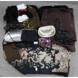 A Chinese embroidered jacket, another jacket in brown, assorted beaded handbags, gloves etc