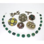 A collection of silver and white metal Scottish jewels to include three Scottish agate inlaid