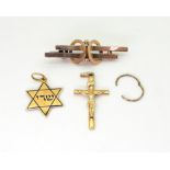 A 18ct gold and enamelled Star of David pendant weight 2.4gms, 9ct crucifix, brooch and single