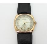A 9ct gold cased Roamer watch with black leather strap, weight 22.7gms Condition Report:Available