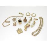 A collection of 9ct gold and yellow metal items, to include a pair of Macintosh style earrings,