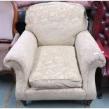 A contemporary green damask fabric upholstered armchair, 97cm high x 92cm wide x 95cm deep Condition