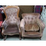 A Victorian walnut framed button back upholstered parlour armchair and another Victorian button back