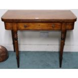 A Victorian mahogany and satinwood inlaid fold over card table with fold over top concealing green