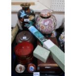 assorted Chinese and Japanese items including cloisonne vase, lacquer dishes, four mother of pearl