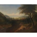 J.D.SCOTT Figure in woodland with distant country house looking towards a river, signed, oil on