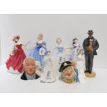 A collection of Royal Doulton figures including Arnold Bennett, Melissa and Christine and two