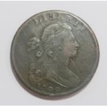 UNITED STATES OF AMERICA 1 CENT "DRAPED BUST CENT" 1798, second hair, double leaves atop wreath,