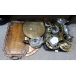 A hammered pewter teaset and assorted copper and brass items etc Condition Report:No condition