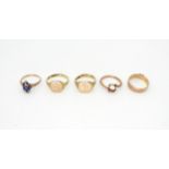 Two 9ct gold signet rings, sizes S, and Q1/2, a blue gem and diamond chip ring, size O, a