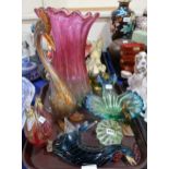 A collection of art glass including a large pink and green vase Condition Report:No condition report