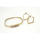 A 9ct gold square shaped bangle set with amethyst and blue topaz, with a pair of square hoop