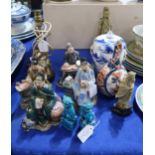 A collection of ceramics including Chinese figures of scholars, two carved hardstone figures of