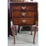 A 20th century walnut and mahogany three drawer chest with drop sides on cabriole supports, 78cm