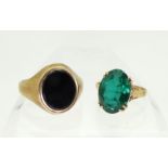 A 9ct gold onyx signet ring, size R1/2, together with a 9ct gold green glass gem ring size J1/2,