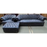 A 20th century blue leather Chesterfield style three piece suite consisting three seater club