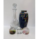 A Carlton Ware leaf decorated vase on dark blue ground, together with a cut glass decanter and three