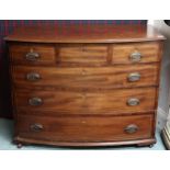 A Victorian mahogany three over three bow front chest of drawers, 86cm high x 111cm wide x 60cm deep